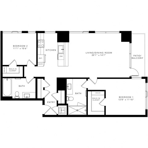 floor plan with 2 bedroom, 2 bathroom, kitchen, and living/dining room.